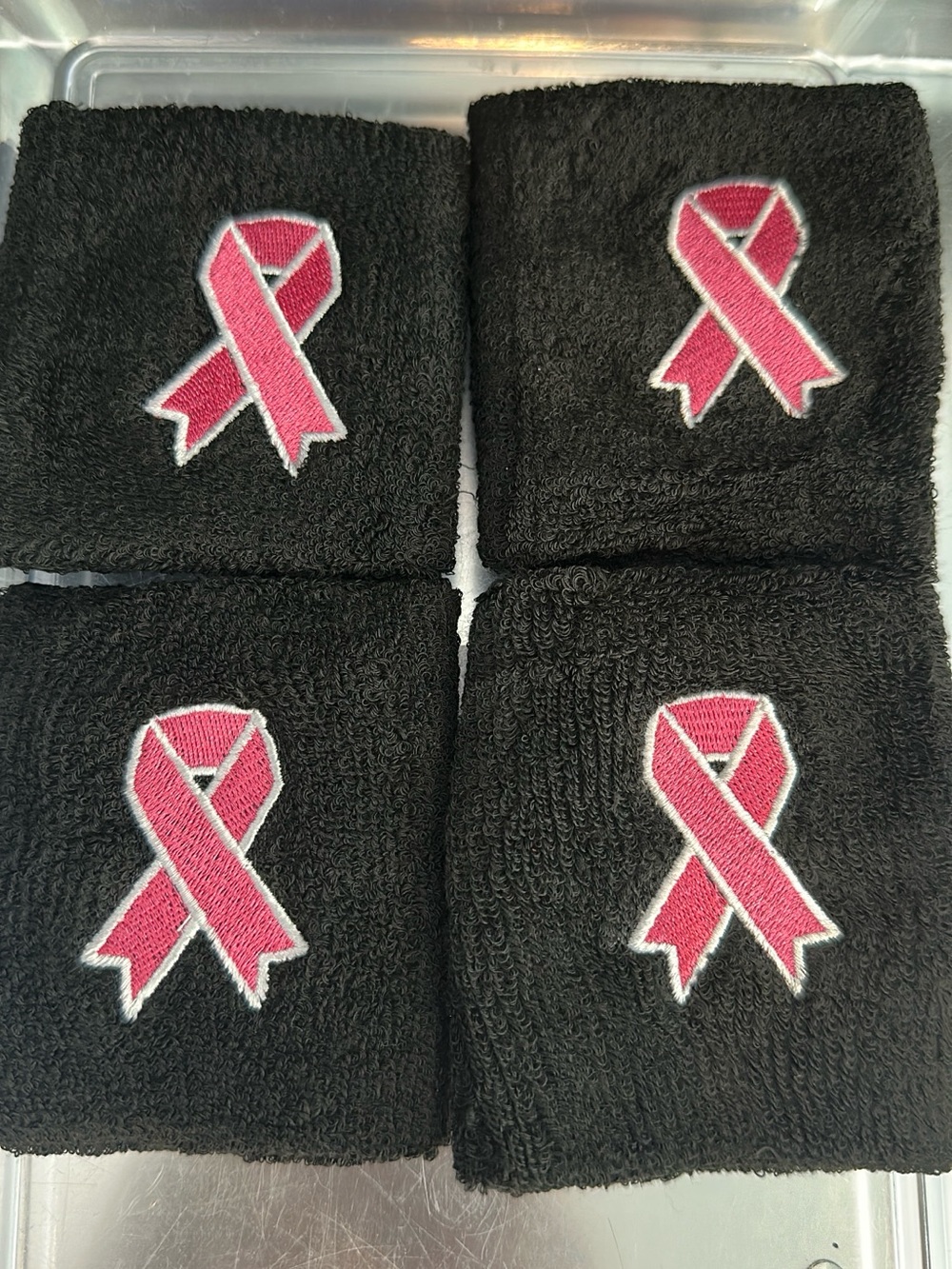 10 Black Wrist Sweatbands with Pink Ribbon Embroidery